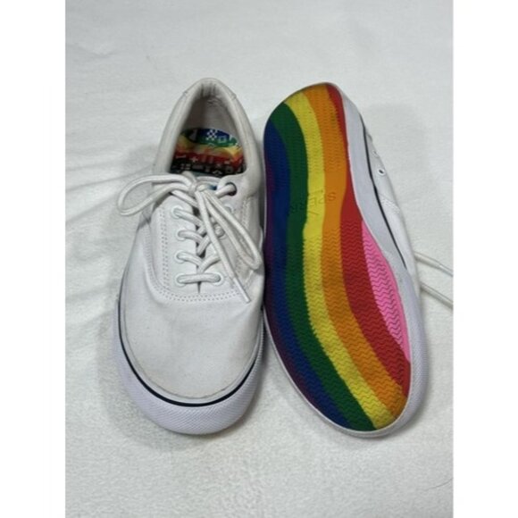 Sperry Shoes - Men’s Sz 9.5 Sperry Shoes Rainbow Bottoms Peace Love LBGTQ White Pride STS23809